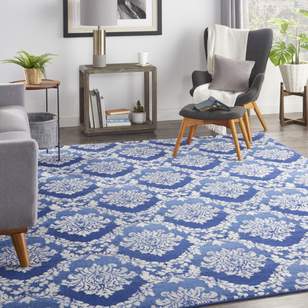 Homeroots 7' Ivory And Blue Damask Distressed Non-skid Area Rug – Durable, Stain-resistant, Stylish Home Accent 7' X 10' Polyester 550617