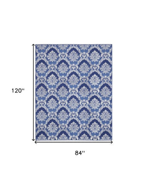 Homeroots 7' Ivory And Blue Damask Distressed Non-skid Area Rug – Durable, Stain-resistant, Stylish Home Accent 7' X 10' Polyester 550617