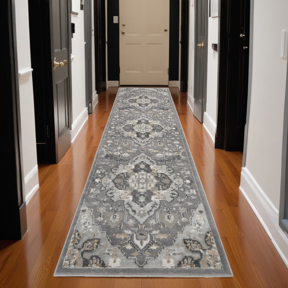 Homeroots 12' Gray And Ivory Floral Non-skid Runner Rug - Durable, Stylish Accent For Hallways And More!  Polypropylene,Polyester 550621