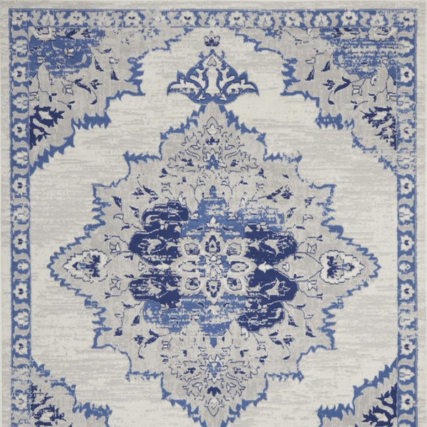 Homeroots 7' Distressed Floral Medallion Area Rug In Ivory And Blue - Stain Resistant, Non-skid Design For Style 7' X 10' Polyester 550625