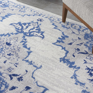 HomeRoots 7' Distressed Floral Medallion Area Rug in Ivory and Blue – Stain-Resistant, Non-Skid Comfort 7' X 10' 550625