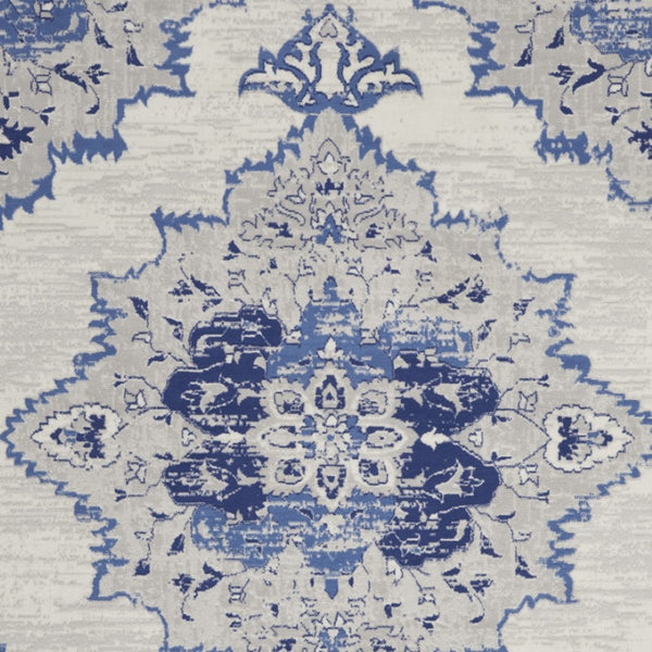 Homeroots 7' Distressed Floral Medallion Area Rug In Ivory And Blue - Stain Resistant, Non-skid Design For Style 7' X 10' Polyester 550625