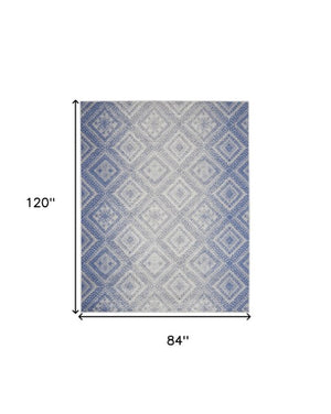 Homeroots 7' Ivory And Blue Geometric Distressed Non-skid Area Rug - Durable, Stain-resistant Comfort For Homes 7' X 10' Polyester 550626