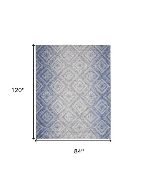 Homeroots 7' Ivory And Blue Geometric Distressed Non-skid Area Rug - Durable, Stain-resistant Comfort For Homes 7' X 10' Polyester 550626