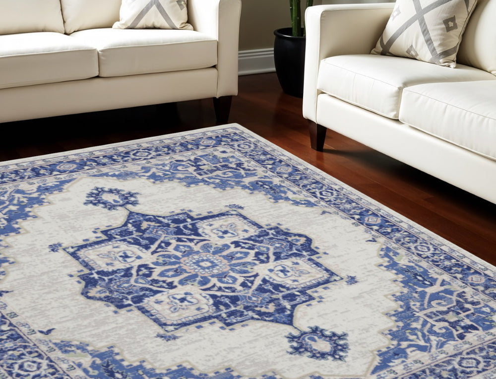 HomeRoots 7' Ivory and Blue Floral Medallion Area Rug - Durable, Non-Skid, Stain-Resistant Design for Homes 7' X 10' 550634