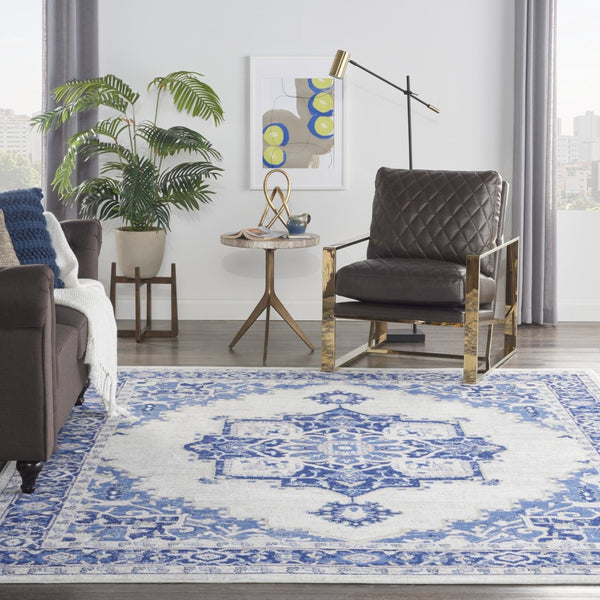 HomeRoots 7' Ivory and Blue Floral Medallion Area Rug - Durable, Non-Skid, Stain-Resistant Design for Homes 7' X 10' 550634