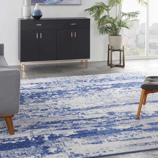 HomeRoots 7' Ivory and Navy Blue Abstract Distressed Area Rug – Durable, Stain-Resistant, Perfect for High-Traffic Spaces 7' X 10' 550636