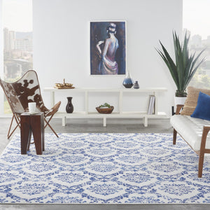 HomeRoots 7' Elegant Ivory and Navy Damask Distressed Area Rug - Durable, Stain-Resistant, Perfect for Busy Homes 7' X 10' 550639