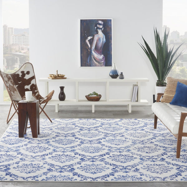 HomeRoots 7' Elegant Ivory and Navy Damask Distressed Area Rug - Durable, Stain-Resistant, Perfect for Busy Homes 7' X 10' 550639