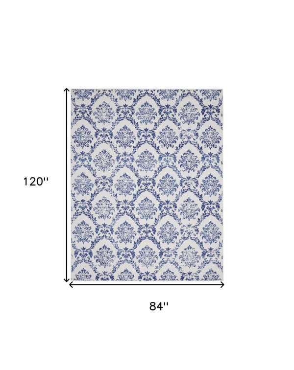 Homeroots 7' X 10' Ivory And Navy Blue Damask Distressed Non Skid Area Rug  Polypropylene 550639