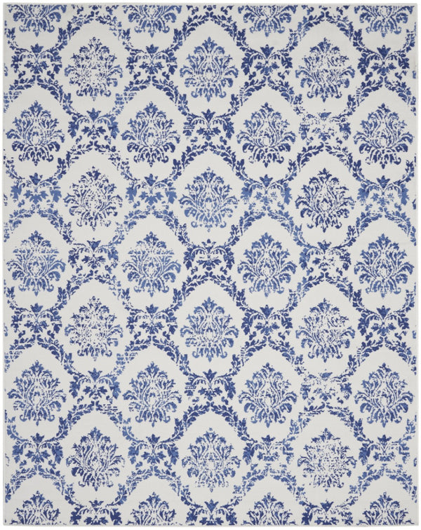 HomeRoots 7' Elegant Ivory and Navy Damask Distressed Area Rug - Durable, Stain-Resistant, Perfect for Busy Homes 7' X 10' 550639