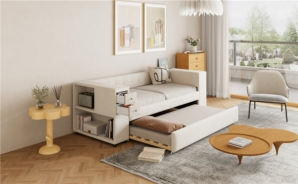 English Elm Twin Upholstered Bed with Trundle and Storage Drawers, USB Ports, French Velvet Luxurious Feel Beige SF000184AAA