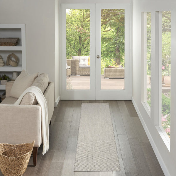 HomeRoots 20' Ivory and Silver Geometric Runner Rug – Stylish, Weather-Resistant, Versatile for Indoor/Outdoor Use 550647