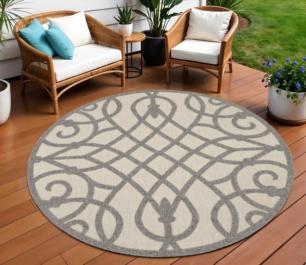 HomeRoots 8' Cream and Gray Round Trellis Indoor-Outdoor Rug – Durable, Stylish, and Perfect for High-Traffic Areas 550653