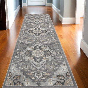 Homeroots 12' Elegant Gray And Black Floral Non-skid Runner Rug - Durable, Stylish, Perfect For Any Space!  Polypropylene,Polyester 550658