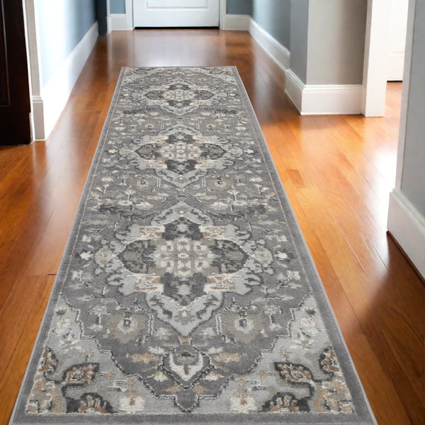 Homeroots 12' Elegant Gray And Black Floral Non-skid Runner Rug - Durable, Stylish, Perfect For Any Space!  Polypropylene,Polyester 550658