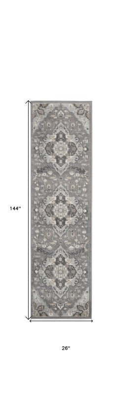 Homeroots 12' Elegant Gray And Black Floral Non-skid Runner Rug - Durable, Stylish, Perfect For Any Space!  Polypropylene,Polyester 550658