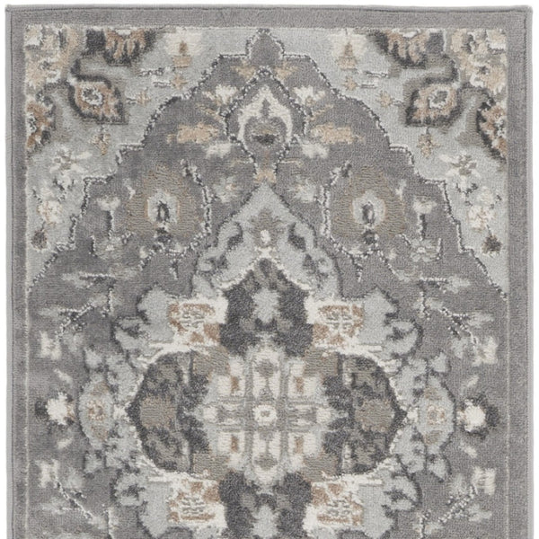 Homeroots 12' Elegant Gray And Black Floral Non-skid Runner Rug - Durable, Stylish, Perfect For Any Space!  Polypropylene,Polyester 550658