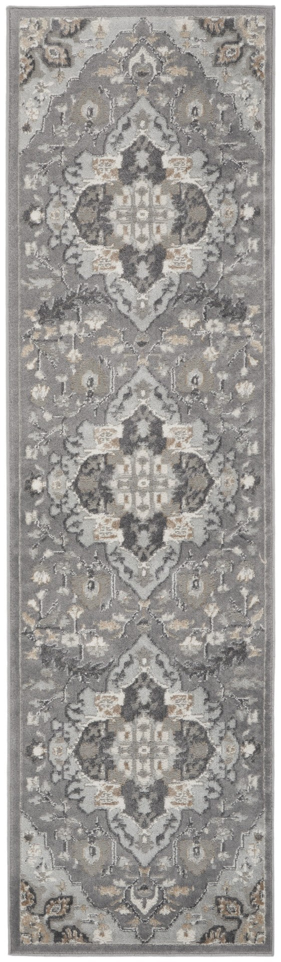 Homeroots 12' Elegant Gray And Black Floral Non-skid Runner Rug - Durable, Stylish, Perfect For Any Space!  Polypropylene,Polyester 550658