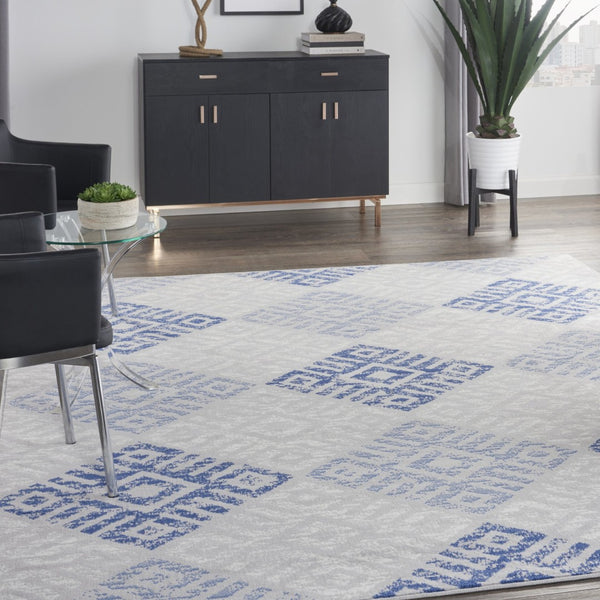 HomeRoots 7' Beige Blue and Gray Geometric Distressed Area Rug - Stylish, Stain-Resistant, Durable Design 7' X 10' 550664