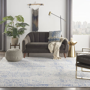 HomeRoots 7' Abstract Distressed Area Rug in Ivory, Blue, and Gray – Non-Skid, Stain-Resistant Modern Comfort 7' X 10' 550670