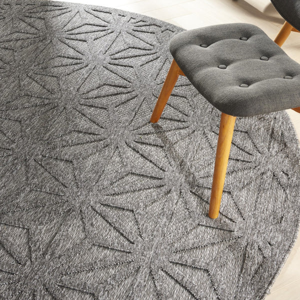 HomeRoots 8' Modern Round Geometric Area Rug in Dark & Light Gray - Durable, Versatile for Indoor & Outdoor Use 550690