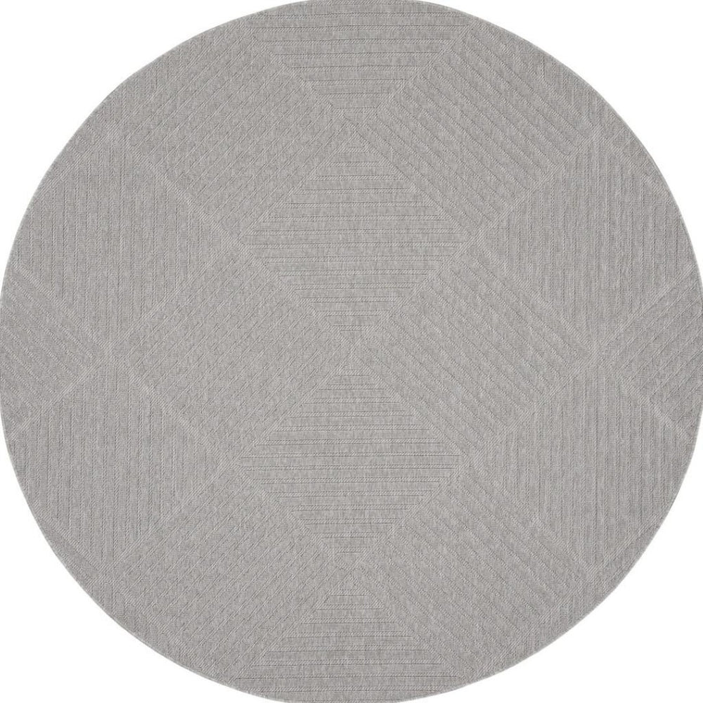 HomeRoots 8' Light Gray Round Geometric Area Rug - Modern Indoor/Outdoor Design, Stain-Resistant, Easy Care 550691