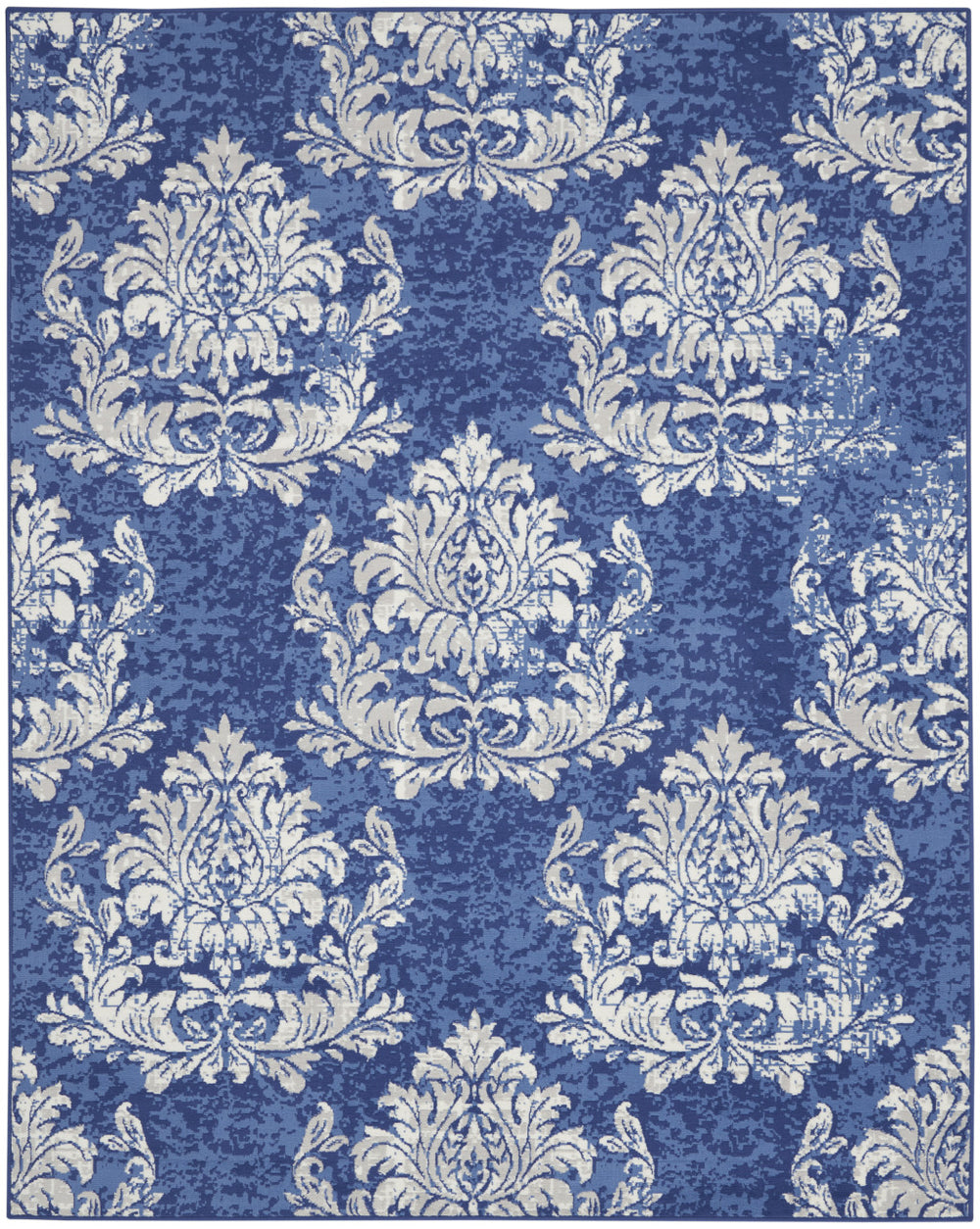 Homeroots 7' X 10' Navy Blue And Ivory Damask Distressed Non Skid Area Rug  Polypropylene 550699