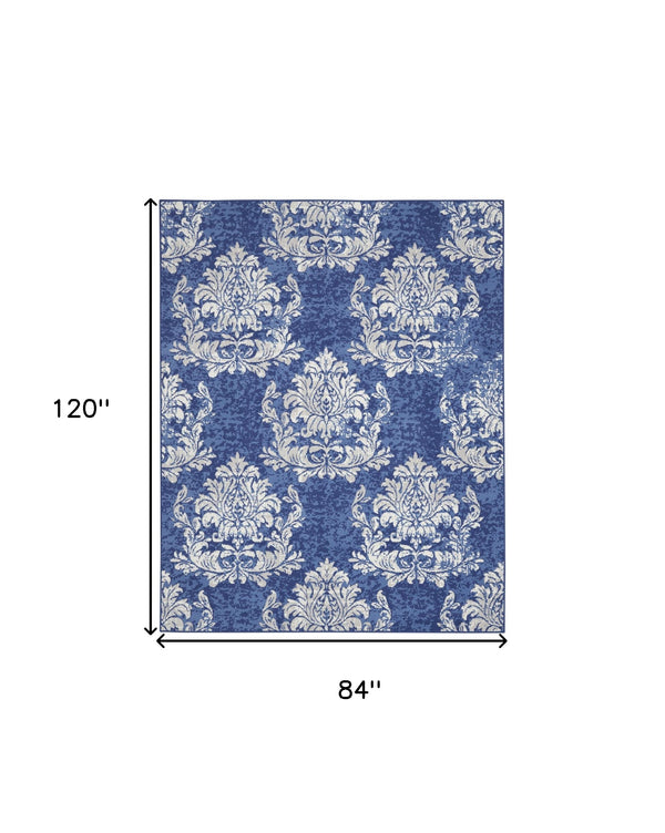 Homeroots 7' X 10' Navy Blue And Ivory Damask Distressed Non Skid Area Rug  Polypropylene 550699