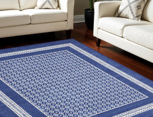 HomeRoots 7' Ivory and Navy Blue Geometric Distressed Area Rug - Durable, Non-Skid Design for High-Traffic Spaces 7' X 10' 550700