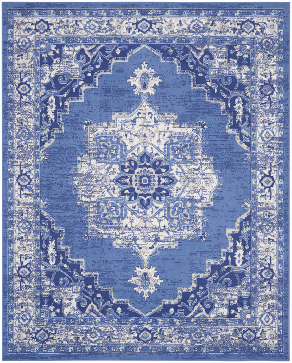 Homeroots 7' X 10' Ivory Navy Blue And Beige Floral Medallion Distressed Non Skid Area Rug  Polypropylene 550704