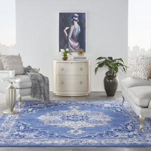 HomeRoots 7' Elegant Floral Medallion Area Rug in Ivory, Navy Blue & Beige - Durable, Stain-Resistant Design 7' X 10' 550704