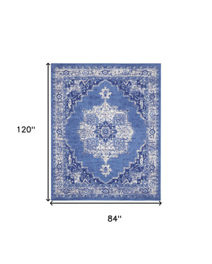 Homeroots 7' X 10' Ivory Navy Blue And Beige Floral Medallion Distressed Non Skid Area Rug  Polypropylene 550704