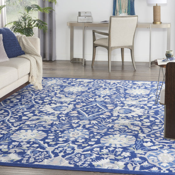 HomeRoots 7' Navy Blue Floral Distressed Area Rug – Elegant Vintage Design, Durable, Non-Skid, Easy Care 7' X 10' 550705
