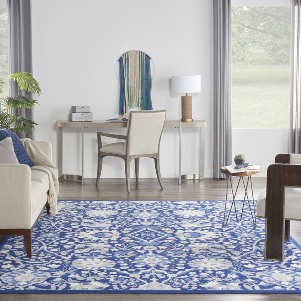 HomeRoots 7' Navy Blue Floral Distressed Area Rug – Elegant Vintage Design, Durable, Non-Skid, Easy Care 7' X 10' 550705