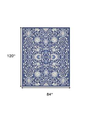 Homeroots 7' X 10' Navy Blue Ivory And Beige Floral Distressed Non Skid Area Rug  Polypropylene 550705