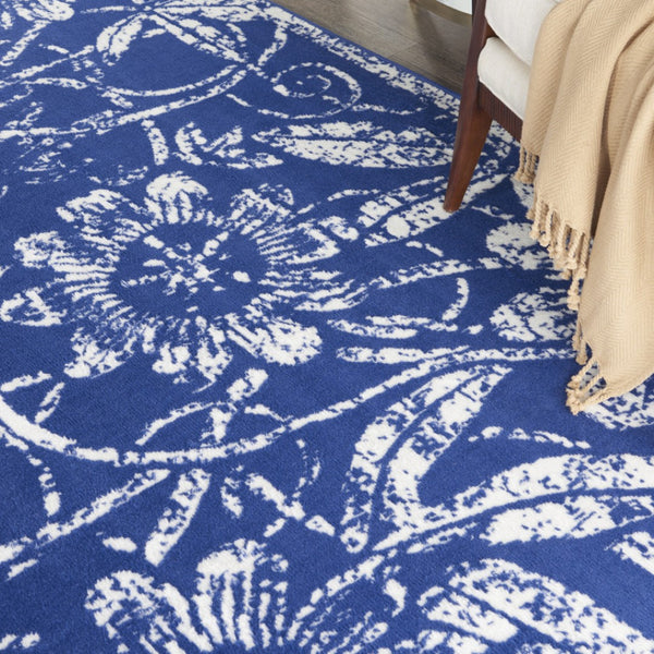 HomeRoots 7' Elegant Ivory and Navy Blue Floral Distressed Area Rug - Non-Skid, Stain-Resistant Comfort 7' X 10' 550706