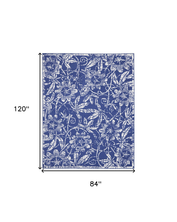 Homeroots 7' X 10' Ivory And Navy Blue Floral Distressed Non Skid Area Rug  Polypropylene 550706