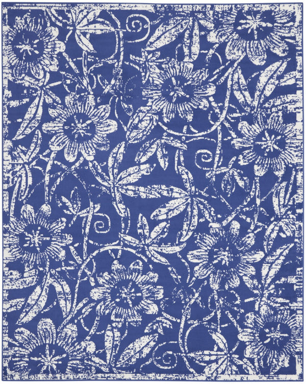 HomeRoots 7' Elegant Ivory and Navy Blue Floral Distressed Area Rug - Non-Skid, Stain-Resistant Comfort 7' X 10' 550706