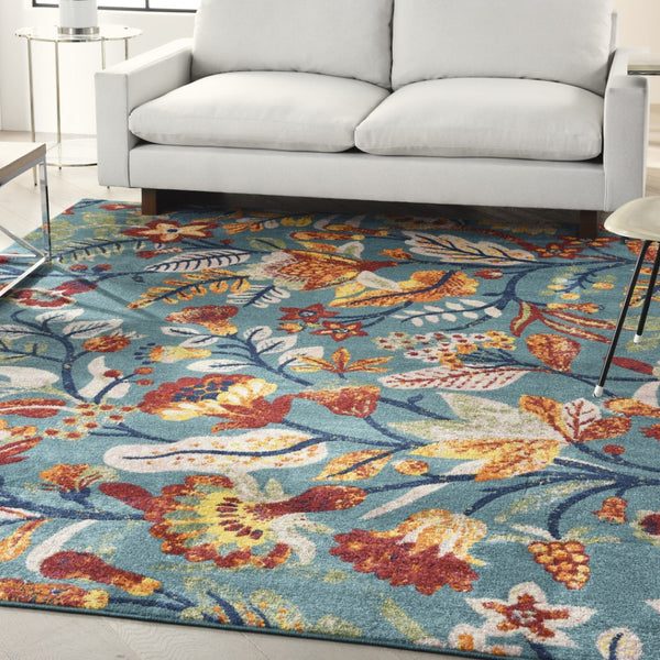 HomeRoots 8' Aqua Floral Area Rug - Elegant Power Loom Design for Living Spaces, Durable and Versatile Style 8' X 10' 550721