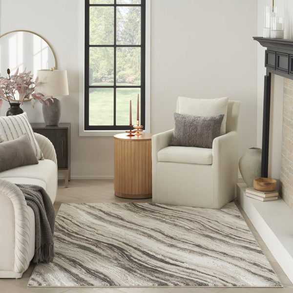 HomeRoots 5' Modern Abstract Area Rug in Beige, Black, and Gray – Stain-Resistant, Non-Skid, Durable Design 6' X 9' 550722