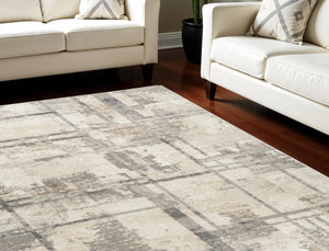 HomeRoots 5' Modern Abstract Area Rug in Ivory, Gray & Black - Durable, Stain-Resistant, Non-Skid Design 6' X 9' 550730