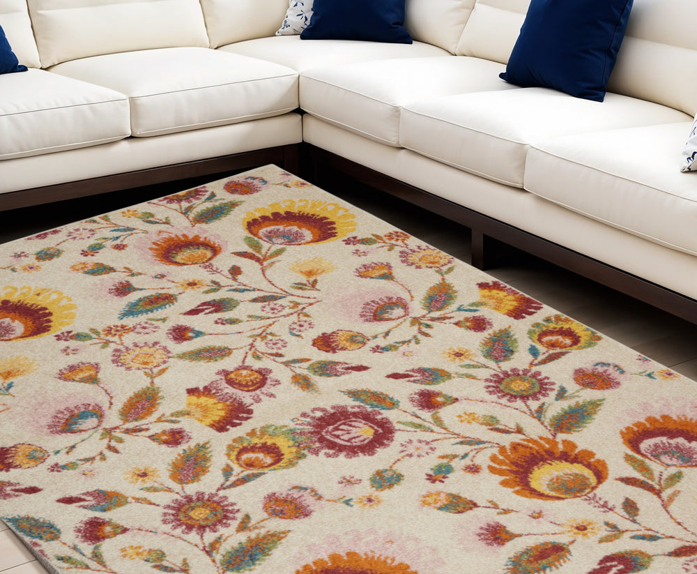 Homeroots 8' X 10' Cream Floral Power Loom Area Rug  Polypropylene 550735