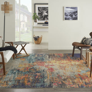 HomeRoots 7' Vibrant Abstract Blue Ivory Orange Non-Skid Area Rug for Living Room, Playroom, and More 7' X 10' 550740