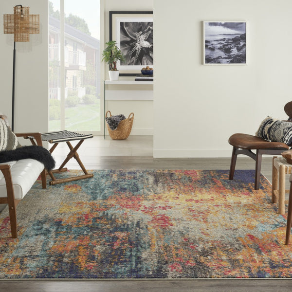 HomeRoots 7' Vibrant Abstract Blue Ivory Orange Non-Skid Area Rug for Living Room, Playroom, and More 7' X 10' 550740
