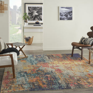HomeRoots 7' Vibrant Abstract Blue Ivory Orange Non-Skid Area Rug for Living Room, Playroom, and More 7' X 10' 550740
