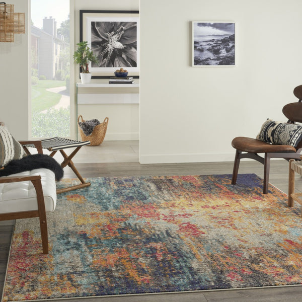 HomeRoots 7' Vibrant Abstract Blue Ivory Orange Non-Skid Area Rug for Living Room, Playroom, and More 7' X 10' 550740