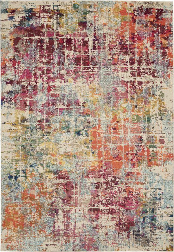 Homeroots 7' X 10' Ivory Red And Pink Abstract Distressed Non Skid Area Rug  Polypropylene 550745