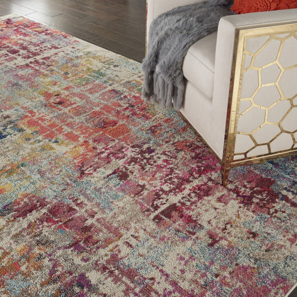 HomeRoots 7' Abstract Distressed Area Rug in Ivory, Red, and Pink - Durable Non-Skid Design for Busy Homes 7' X 10' 550745