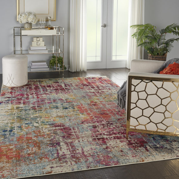 HomeRoots 7' Abstract Distressed Area Rug in Ivory, Red, and Pink - Durable Non-Skid Design for Busy Homes 7' X 10' 550745